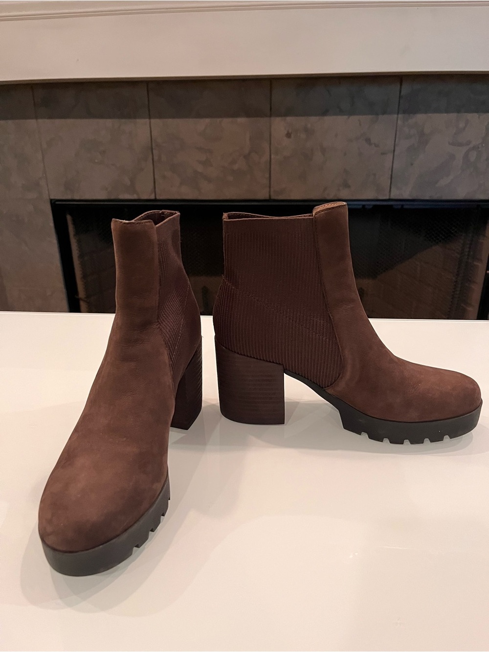 Eileen Fisher Farrah Chocolate Brown Suede Knit Platform Booties 6.5